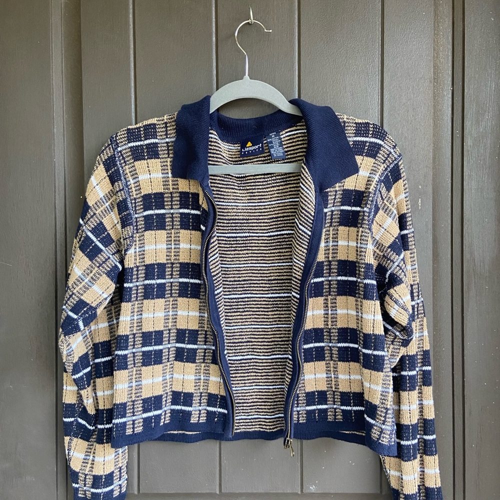 Navy and Beige Plaid Cardigan
